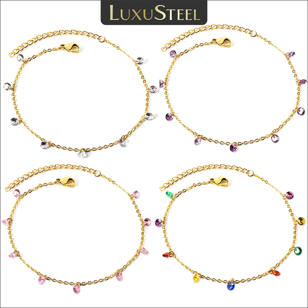 

LUXUSTEEL Waterproof Stainless Steel Anklet for Women Cubic Zirconia Crystal Charm Ankle Bracelet On Leg Foot Beach Accessories