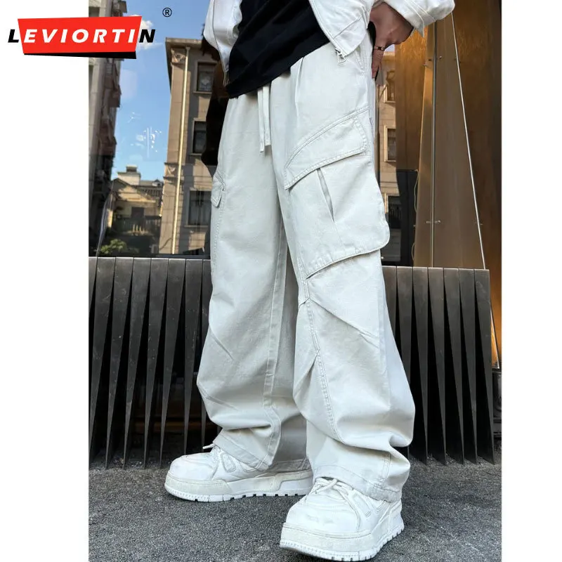 Vintage Straight Leg Pants For Men 100% Cotton Wide Cargo Pant Casual Baggy Large Pockets Paratrooper Trousers Streetwear