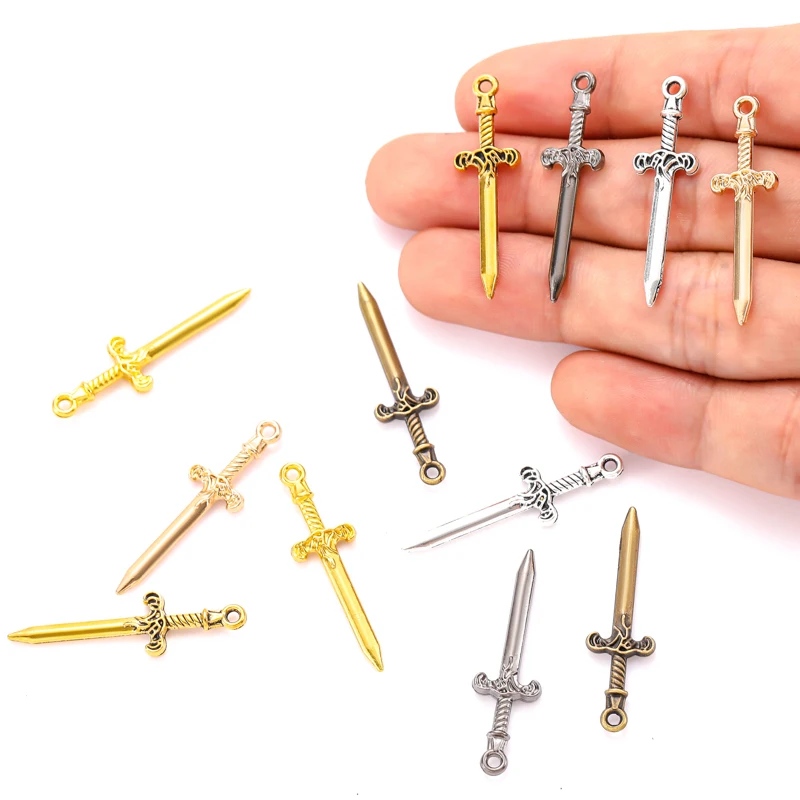 10PCS 6 colors Mixed Alloy Charms Knight Sword Knife Gun Weapons Pendant For DIY Handmade Jewelry Material 10*34mm M98