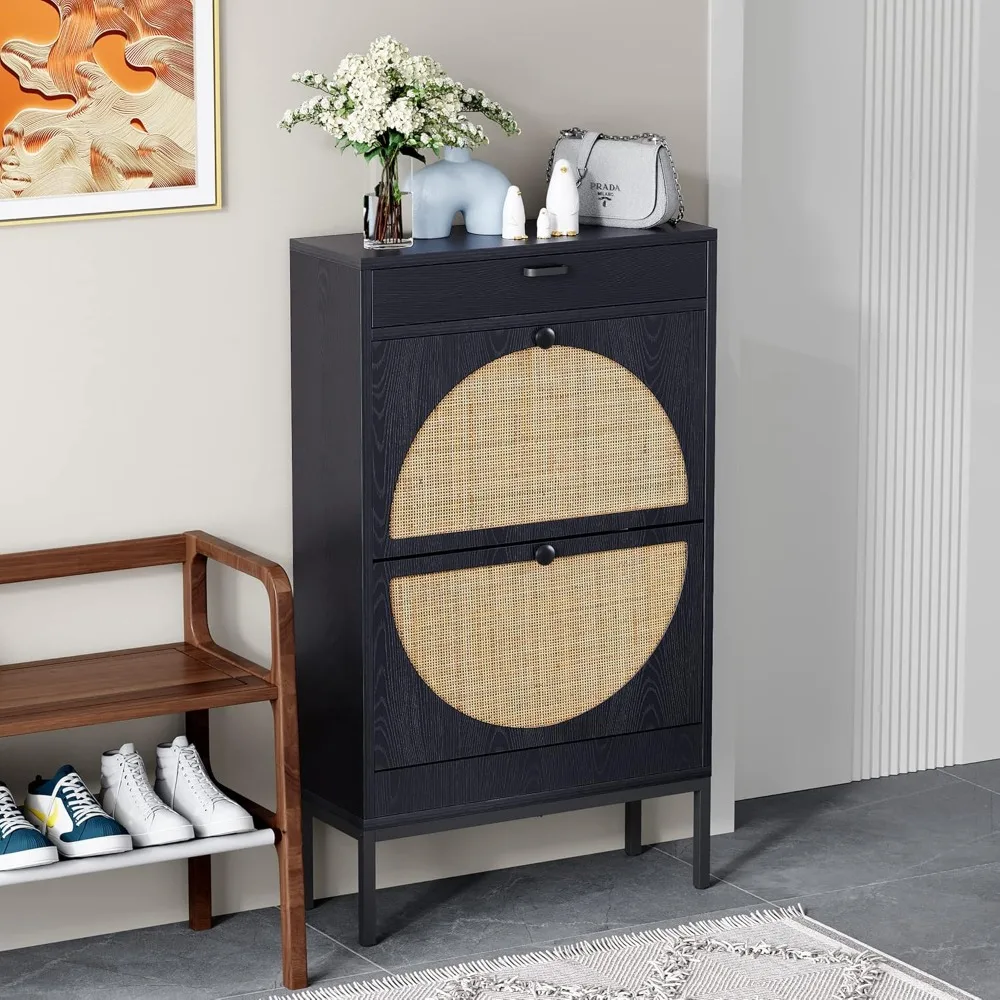 

Shoe rack storage organizer with 2 natural semi-circular rattan doors, entryway wooden shoe cabinet for sneakers, leather shoes