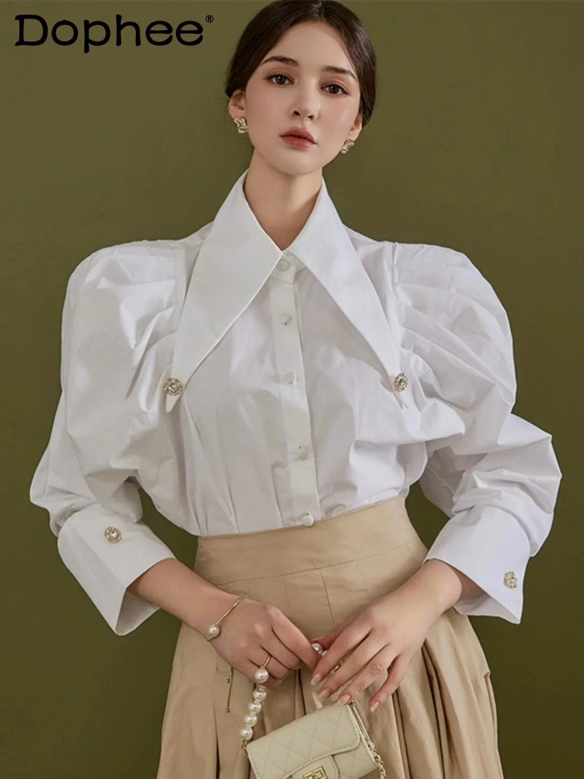 

Spring Autumn Korean OL Style Pointed Neck Large Bubble Long-sleeved Shirt High-end Custom White Shirt Retro Single-breasted Top