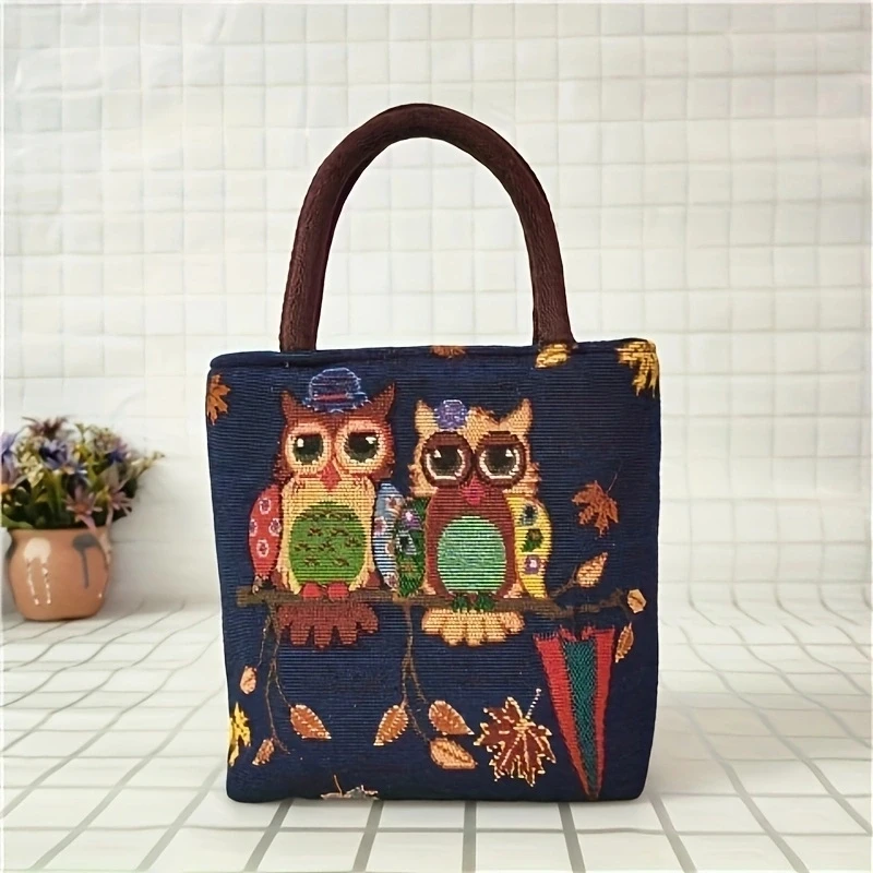 1pc Women Embroidered Tote Bag Retro Owl Elephant Printed Handbags Ladies Large Capacity Reusable Shopping Bag  Mother Handbag view 2