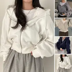 Women Short Hoodies Autumn Retro Solid Color Zip Up Sweatshirt Tracksuit Harajuku Korean Long Sleeve Hooded Jacket Coat Crop Top