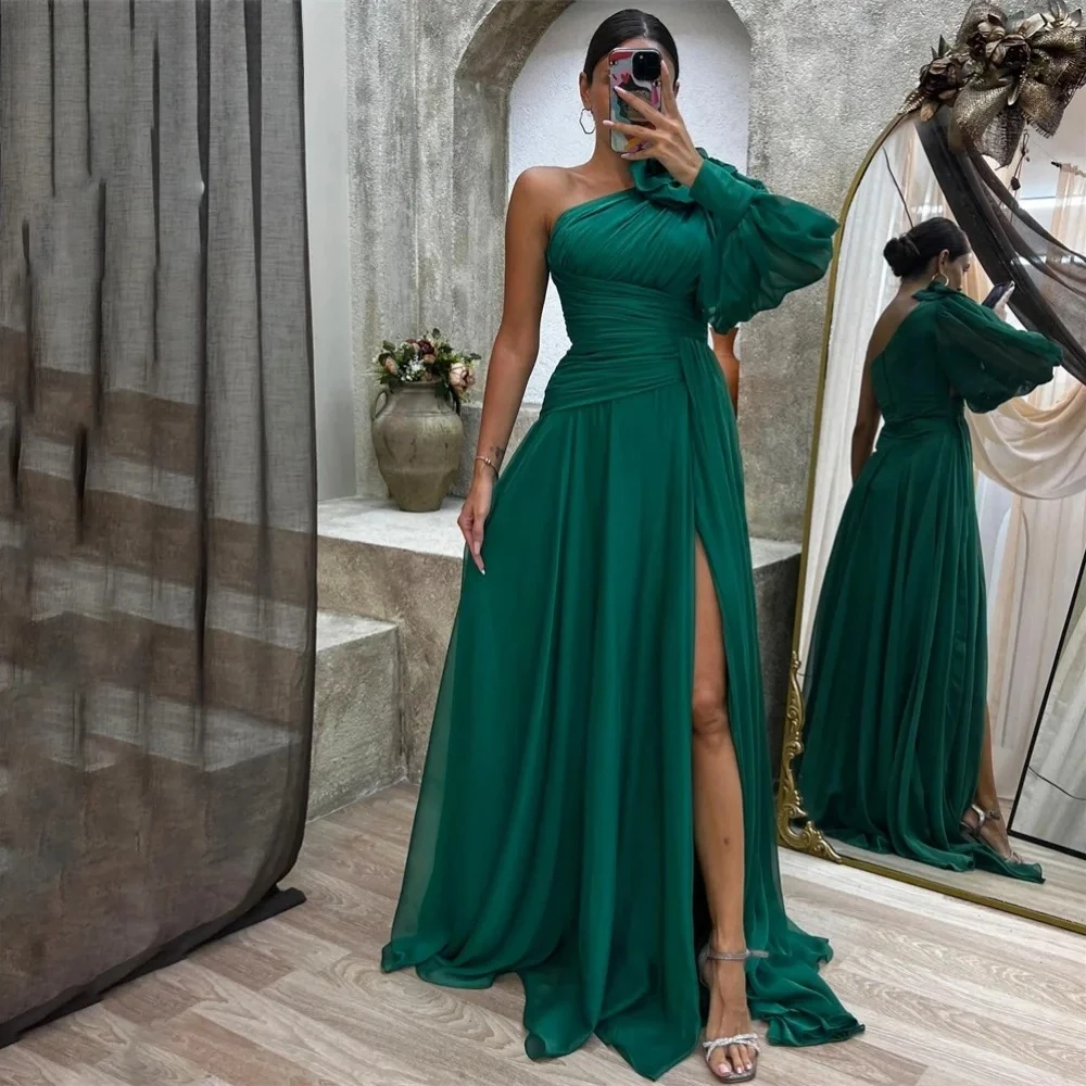 

Customized Elegant One Shoulder Prom Dress for Woman Chiffon 3D-Flowers Beach Wedding Dresses Sexy Side Split Evening Gown