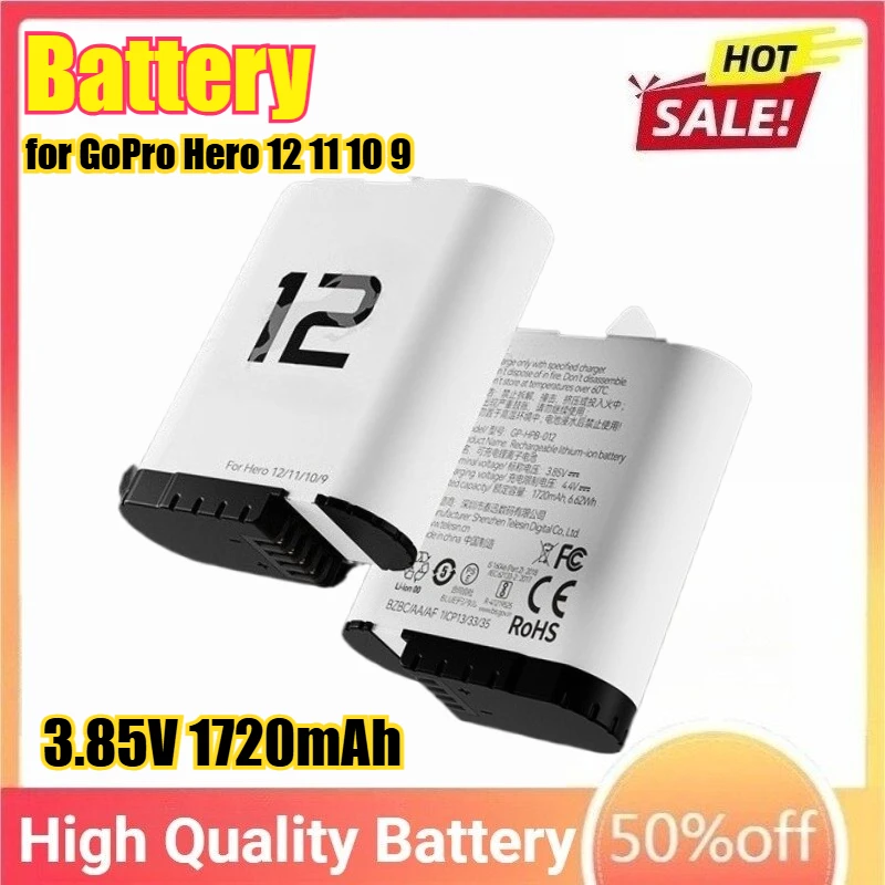3.85V 1720mAh Battery for GoPro Camera 12 Endurence Battery for GoPro Hero 12 11 10 9 GoPro Accessories