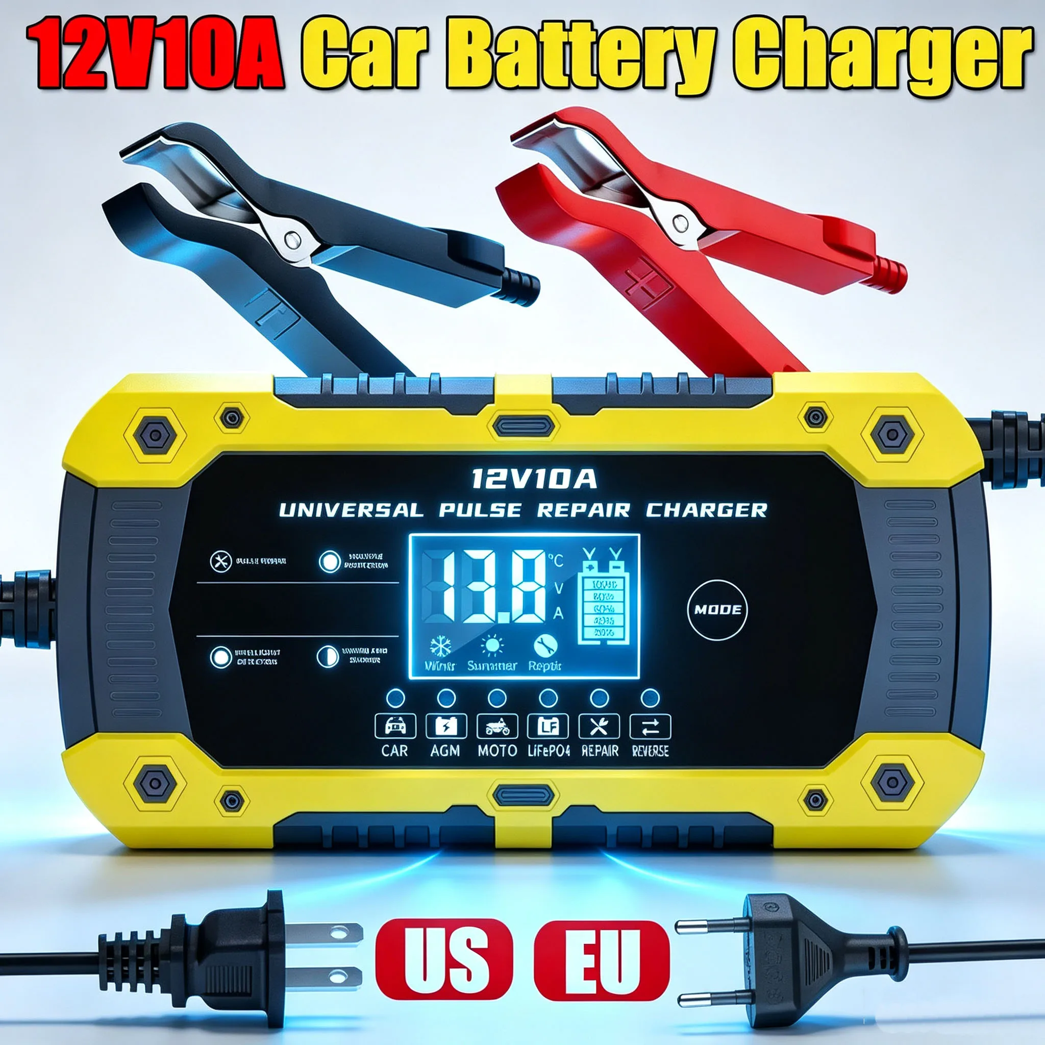 Car Battery Charger 12V 10A EU US Plug Touch Screen Pulse Repair Digital LCD Display Smart Fast Charger for Car Motorcycle