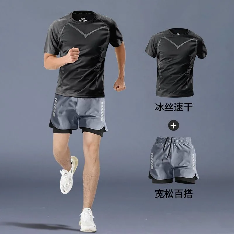 Summer Men\'s Sportswear Sets Outdoor Ice Silk T-shirts Sweatshirts Shorts Clothes Quick Dry Casual Training Running Sweatshirts