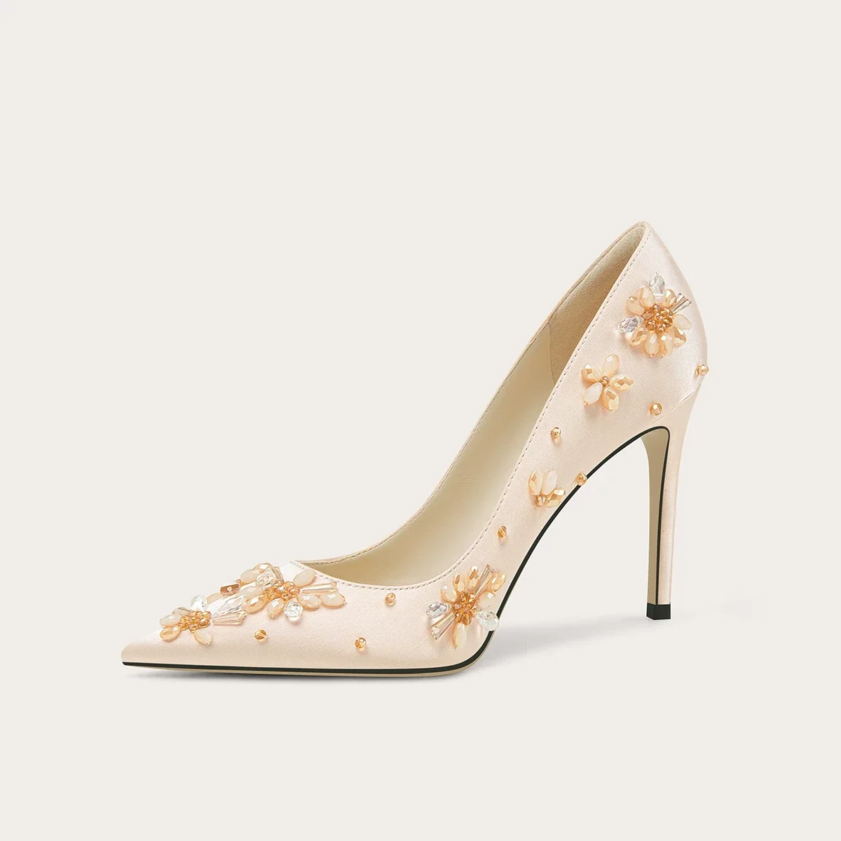 Spring pointed shallow mouth silk crystal bead flower single shoe banquet large size small size widened high heels women's shoes