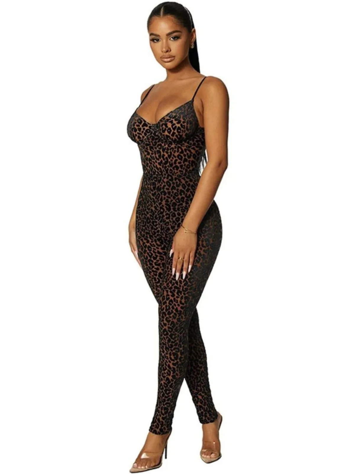 จั๊มพ์สูทลายเสือดาวทรงสลิมฟิตเอวสูงสไตล์ลำลองสำหรับผู้หญิง เสื้อผ้าแฟชั่นสตรี