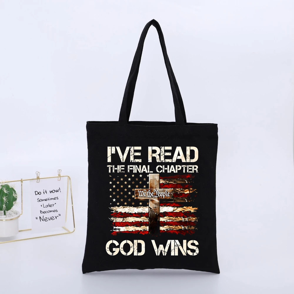 Men's Black Canvas Tote Bag with American Flag and Cross Graphic, Vintage Style for Daily Casual Use