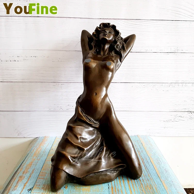 

Modern Hot Sexy Girl Statue Bronze Kneeled Nude Female Sculpture Vintage Naked Woman Figurine Art Collectible Decor Ornaments