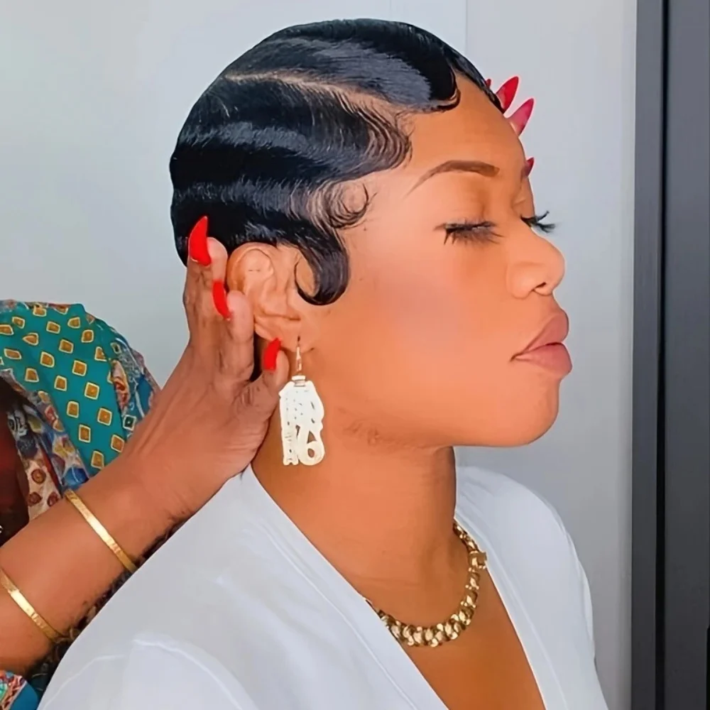 

Черный парик из натуральных волос с волнистыми пальцами, короткие парики с стрижкой пикси, бразильские парики из человеческих волос, парик из океанских волн, машинное производство