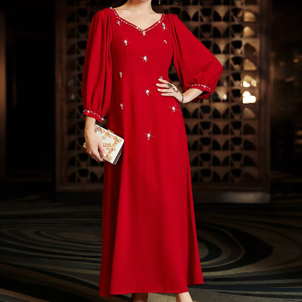 

Popular Dubai Skirt Maxi Red Dress Party Women Elegant Luxury Long Sleeve Dresses Turkey Plus Size Women's Clothing Saudi Abayas