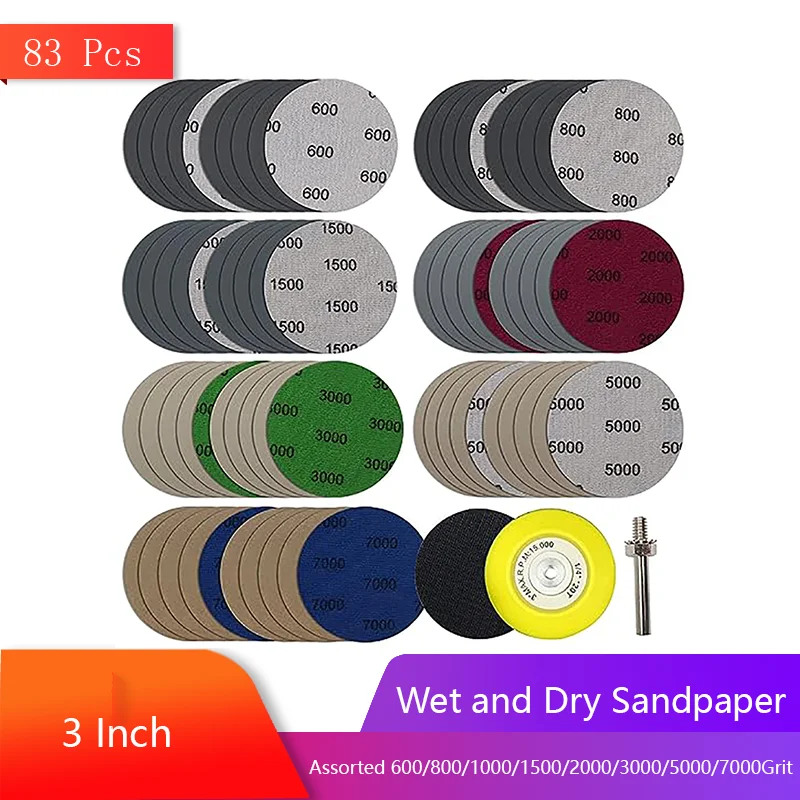 

3 Inch Wet and Dry Sandpaper 83 Pcs Hook & Loop Sanding Discs Assorted 600/800/1000/1500/2000/3000/5000/7000Grit for Polishing