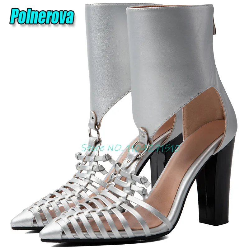 Silver Woven Hollow Block Heel Sandals Short Boots for Women Summer New Fashion Side Empty Pointed Toe Back Zipper High Heels