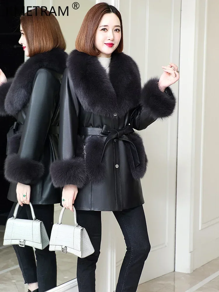 Genuine Sheepskin Leather Down Jackets for Women 2024 Winter Elegant Mid-length Down Coats Fox Fur Collar Real Leather Jacket
