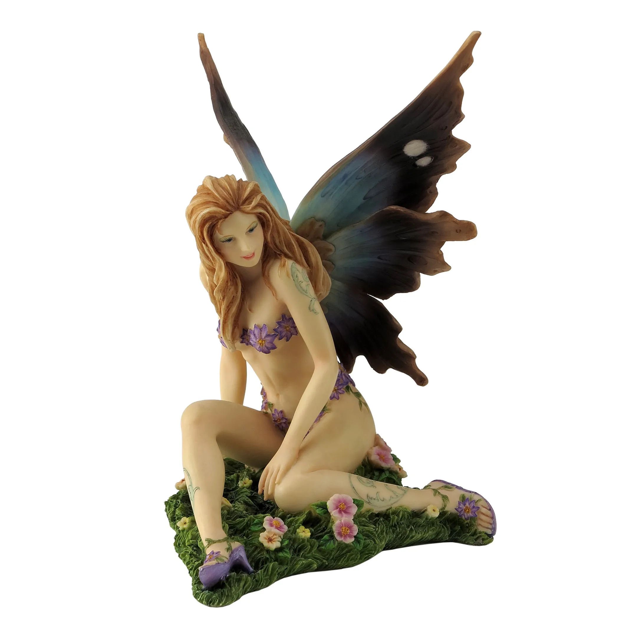 Resin Crouching Flower Fairy Statue Blue Butterfly Wings Floral Outfit Moss and Flower Base Elf Sculpture Home Garden Decoration