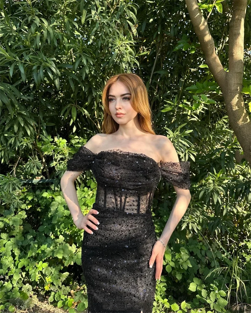 Annie Black Off-shoulder Prom Dresses Luxury Sequined Arabic Evening Dresses Sexy Mermaid Side Slit Women Wedding Party Dress