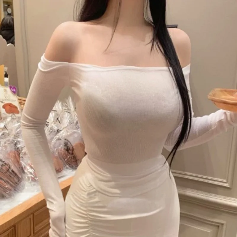 Korean Dongdaemun slim-fit figure-flattering feminine sexy trendy off-the-shoulder versatile long-sleeve T-shirt top