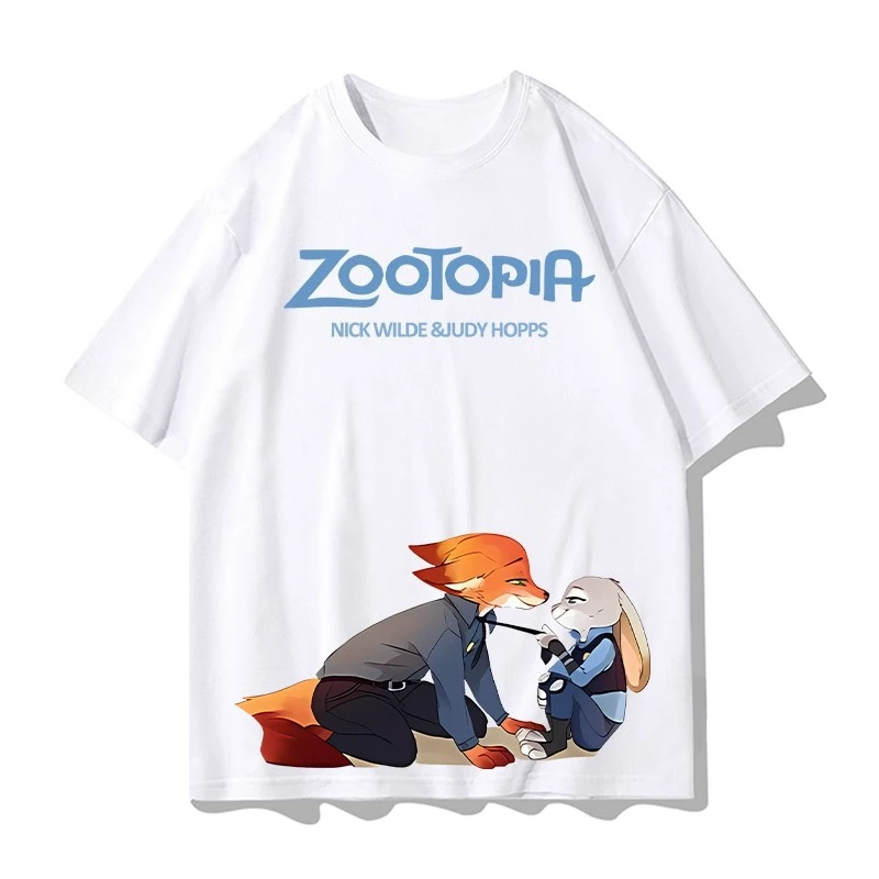 ديزني Zootopia تي شيرتات قصيرة الاكمام الصيف الكرتون جودي نيك زوجين الملابس الرياضية عادية كم قصير الرجال والنساء