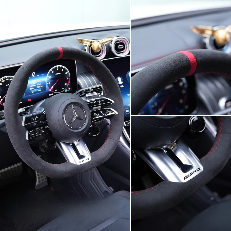 for Mercedes benz AMG GT A35 A45 A45S C43 CLS53 E53 E63 EQE 43 53 SL43 Hand-stitched Non-slip suede car steering wheel cover