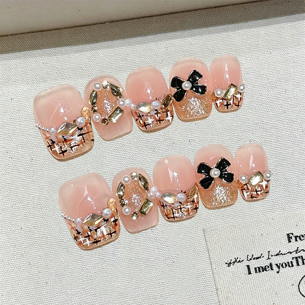 

10pcs Extra Short Trapezoid Handmade Press On Nails Kit, Golden & Orange Fake Nails, Cute Wearable Nail Art, Affordable Luxury
