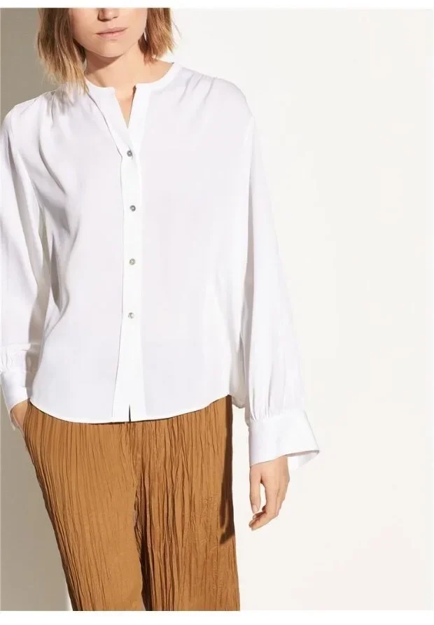 Women's V-Neck Sandwashed Silk Shirt, Loose and Lazy Style, Lantern Sleeves,23mm Real Mulberry Silk