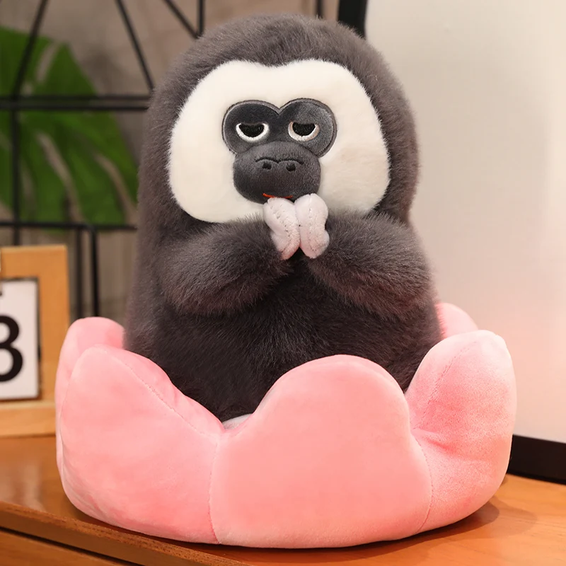 Kawaii Animal Monkey Sit On Flower Plush Toys Cartoon Saki Stuffed Soft Pithecia Pillow Birthday Gifts