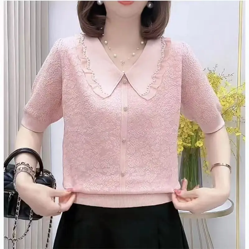 Temperament Peter Pan Collar Beaded Jacquard Tencel Knitted Short-sleeved Women's Summer New Thin Commuter Loose Top