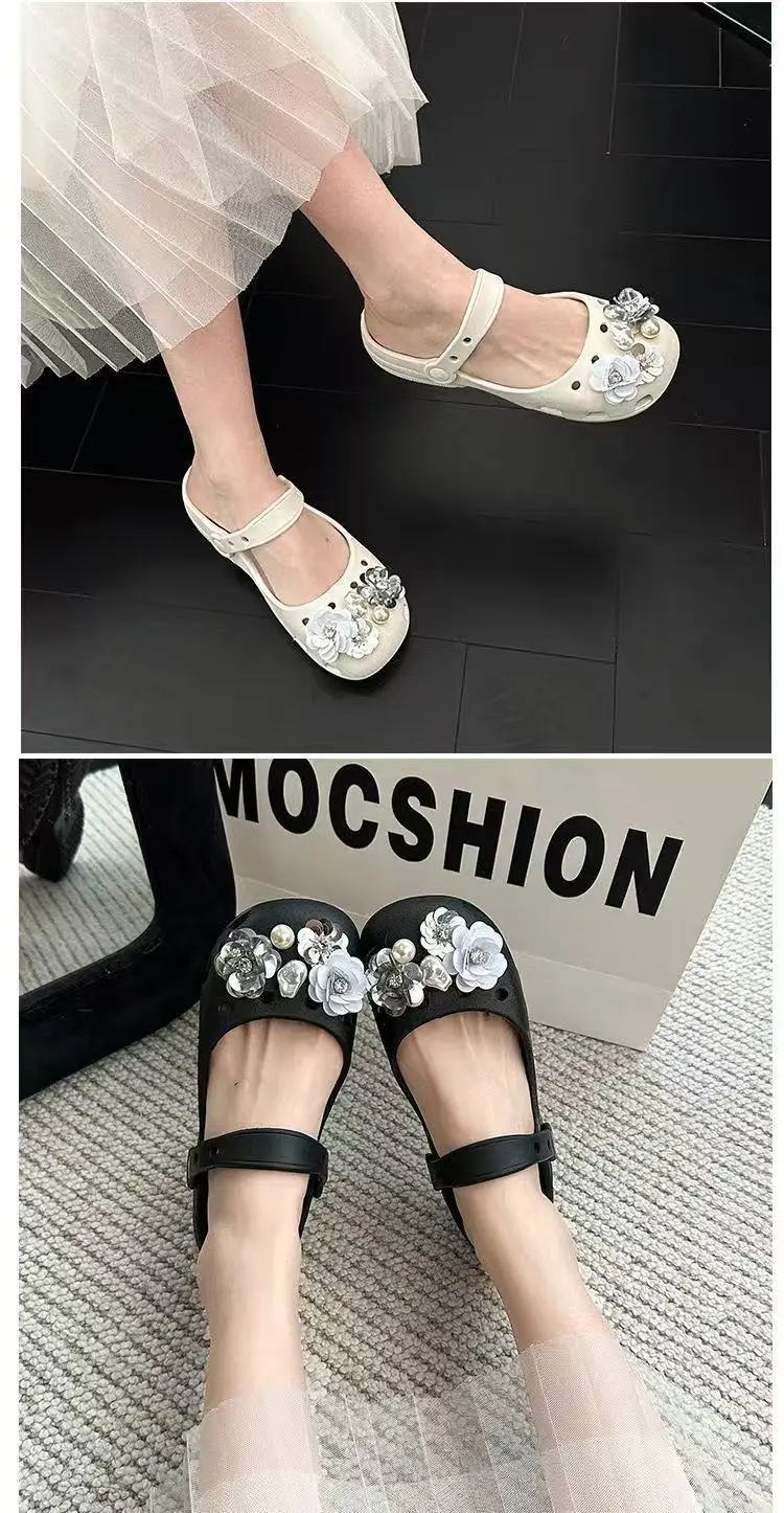 2026 Neue Sommer-Pantoffeln für Damen, Luxuriöse Perlen-Metall-Blumen-Designer-Ballettschuhe, Damensandalen für drinnen und draußen – Detail 13