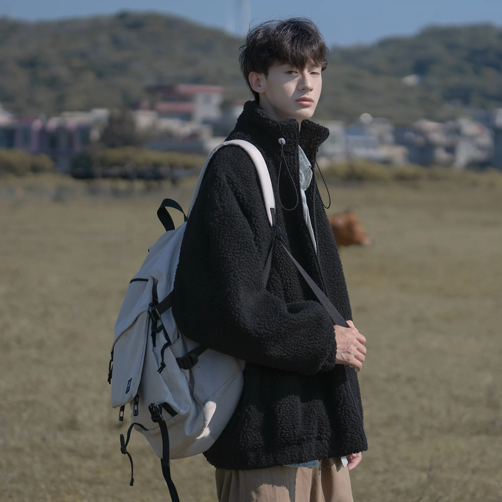 

Мужская зимняя утепленная куртка из овечьей шерсти с воротником-стойкой, на хлопковой подкладке, молодежная, модная, повседневная, водонепроницаемая