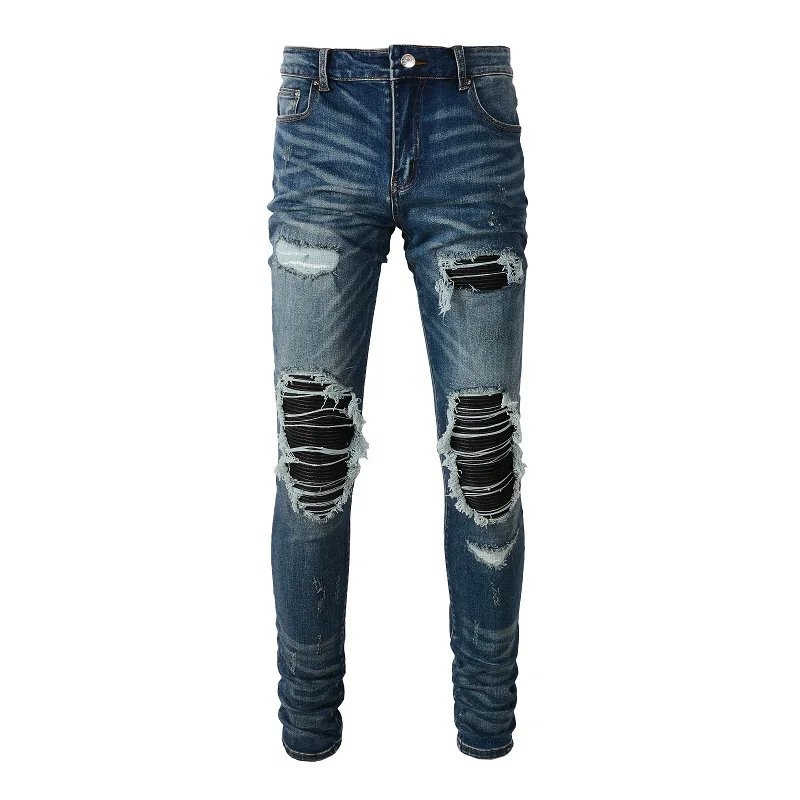 

EU Drip Jeans Classical High Street Slim Fit Distressed Holes Black Leather Ribs Patchwork Stretch Ripped Jeans For Young Boy