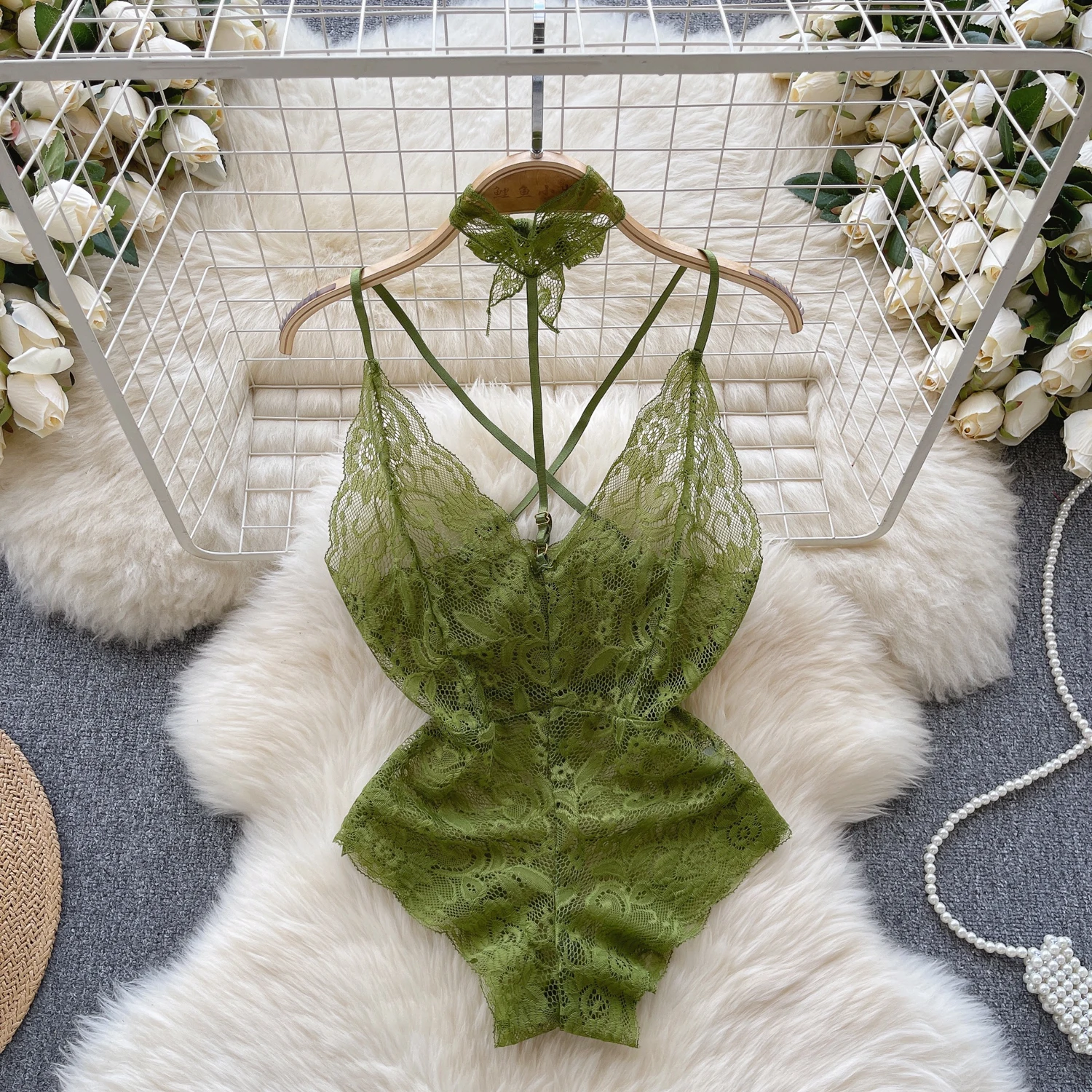 Sexy Transparent Lace Cross Strap Jumpsuit Flower Bow Bodysuit Slim Fit Sweet Erotic Pajama Lingerie Rompers Catsuit Bodycon