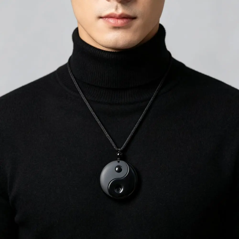Fashion Black Yin Yang Necklace Stone Amulet Tai Chi Pendant Lucky Daily Wear Obsidian Necklace Holiday Gift