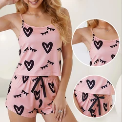 Summer Hot Selling Pink Print Pattern U-Neck Suspender Sleeveless Top and Bow Decorative Shorts Women's Sexy Pajamas Home Set