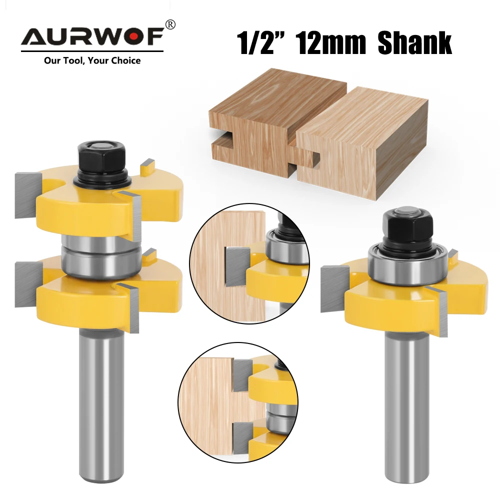 AURWOF 12.7mm 12mm Shank 3-Wing T-Slot Tongue Groove Router Bit Double Bearing Woodworking Milling Cutter For Jointing MC05074