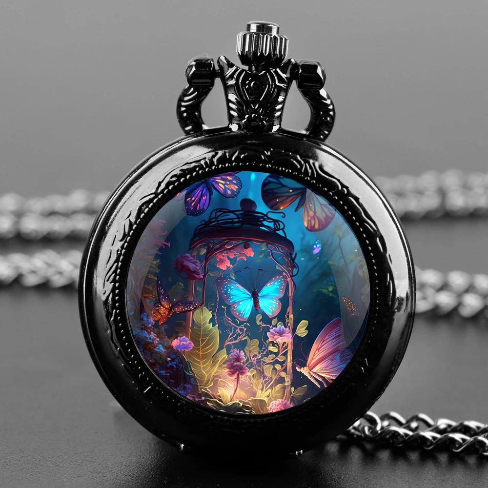 Art Starlight Butterfly Glass Dome Quartz Pocket Watch With Durable Chain Arabic Numeral Dial Extraordinary Gifts for Kids