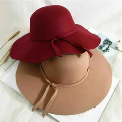 Sombreros de lazo para mujer y niña, sombreros elegantes de fieltro Vintage suave, sombrero flexible sólido, gorra de cúpula de ala ancha, moda de otoño e invierno, nuevo