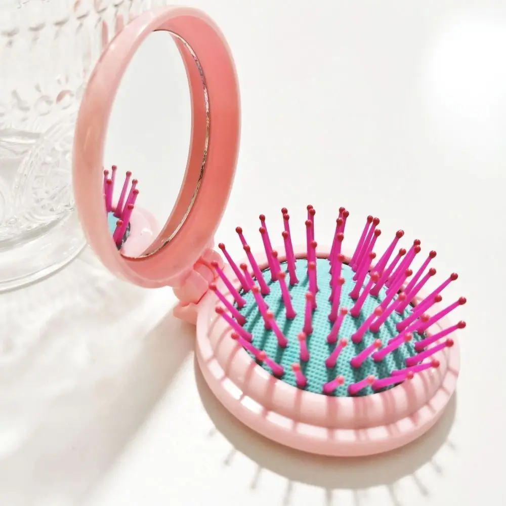 Durable Morandi Color Round Folding Comb with Mirror Anti Static Bow Air Cushion Comb Crown Compact Pocket Hair Brush Girl