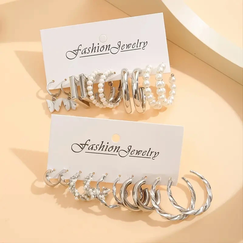 Silver Color Butterfly Earrings Set For Women Girls Vintage Pearl Circle Geometric Twist Hoop Earrings 2022 Trendy Jewelry Gifts