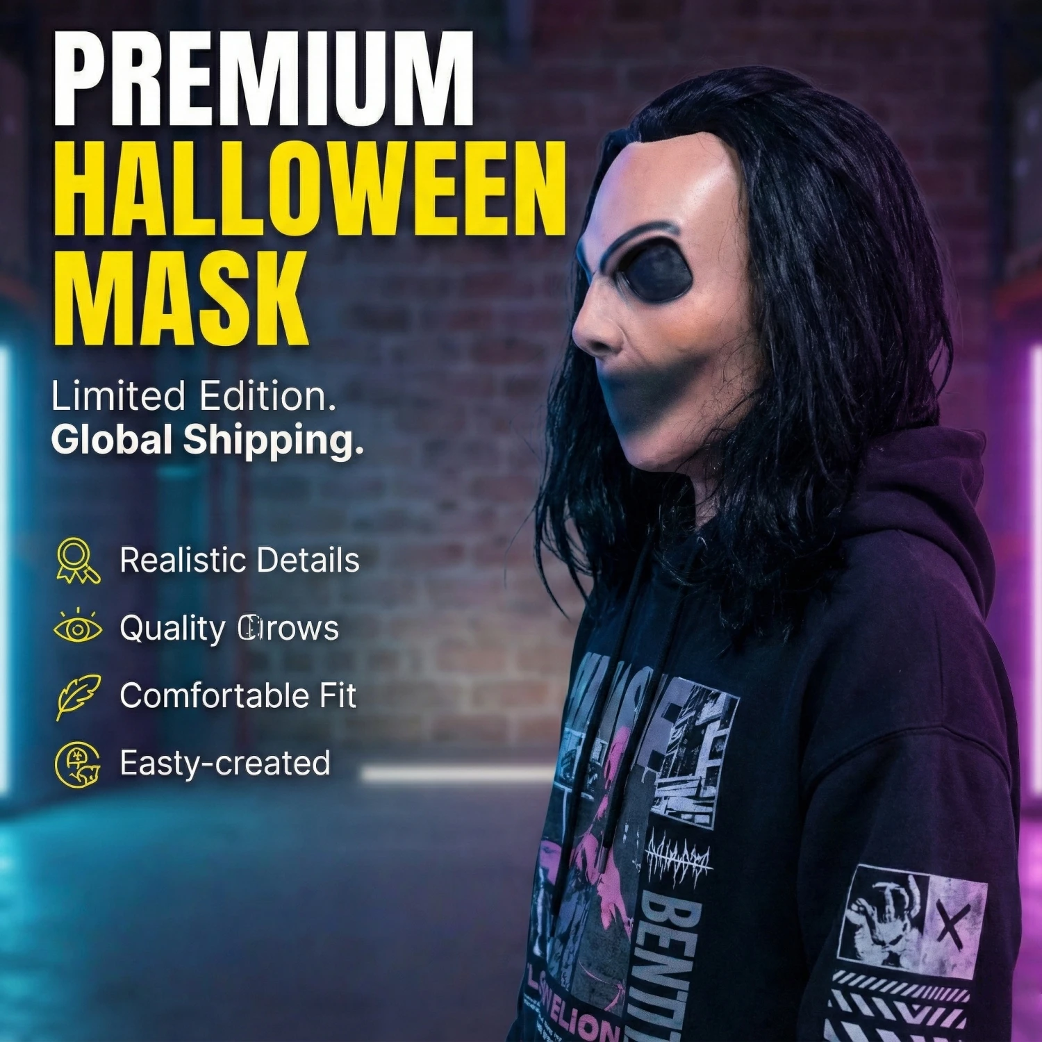 Silent Stalker Horrormaske mit Haaren – realistisches, mundloses Killer-Gesicht für Halloween-Kostüme und Cosplay für Erwachsene