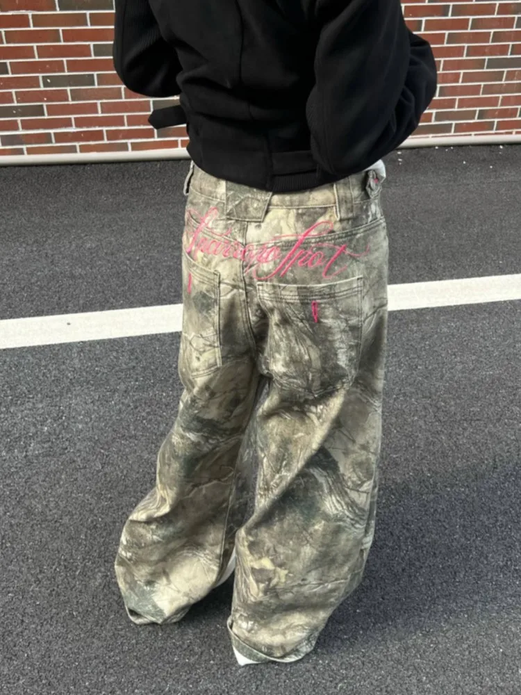 Vintage-Jeans mit gestickten Buchstaben und Camouflage-Muster für Damen, Y2k Hip-Hop Streetwear, lockere Mode, Kpop Harajuku, weite Hosen