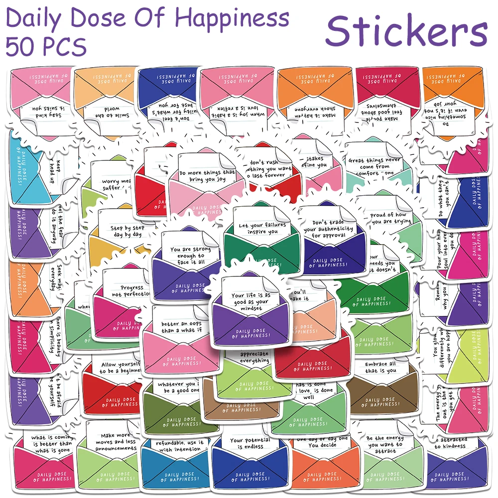 

50pcs Daily Dose Of Happiness Stickers Decals For Phone Notebook Suitcase Skateboard Guitar DIY Aesthetic Waterproof Stickers