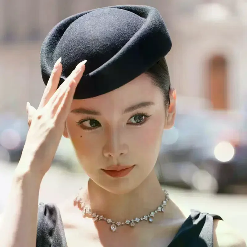 Beret Hat Caps Airline Stewardess Flight Attendant Vintage Hat Black Flat Top Hat Hair Clip Hair Accessories