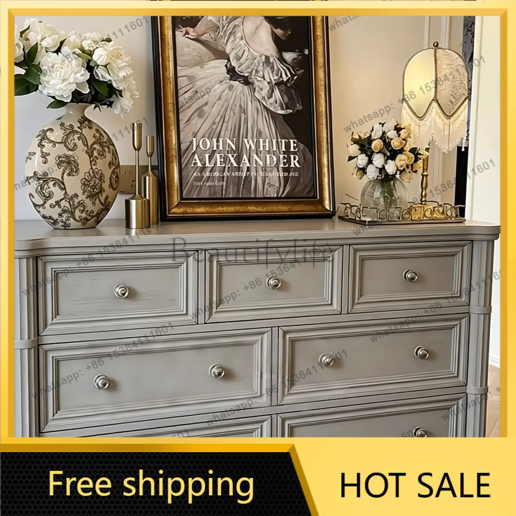 XX. American light luxury solid wood seven-bucket cabinet living room wall dining side cabinet