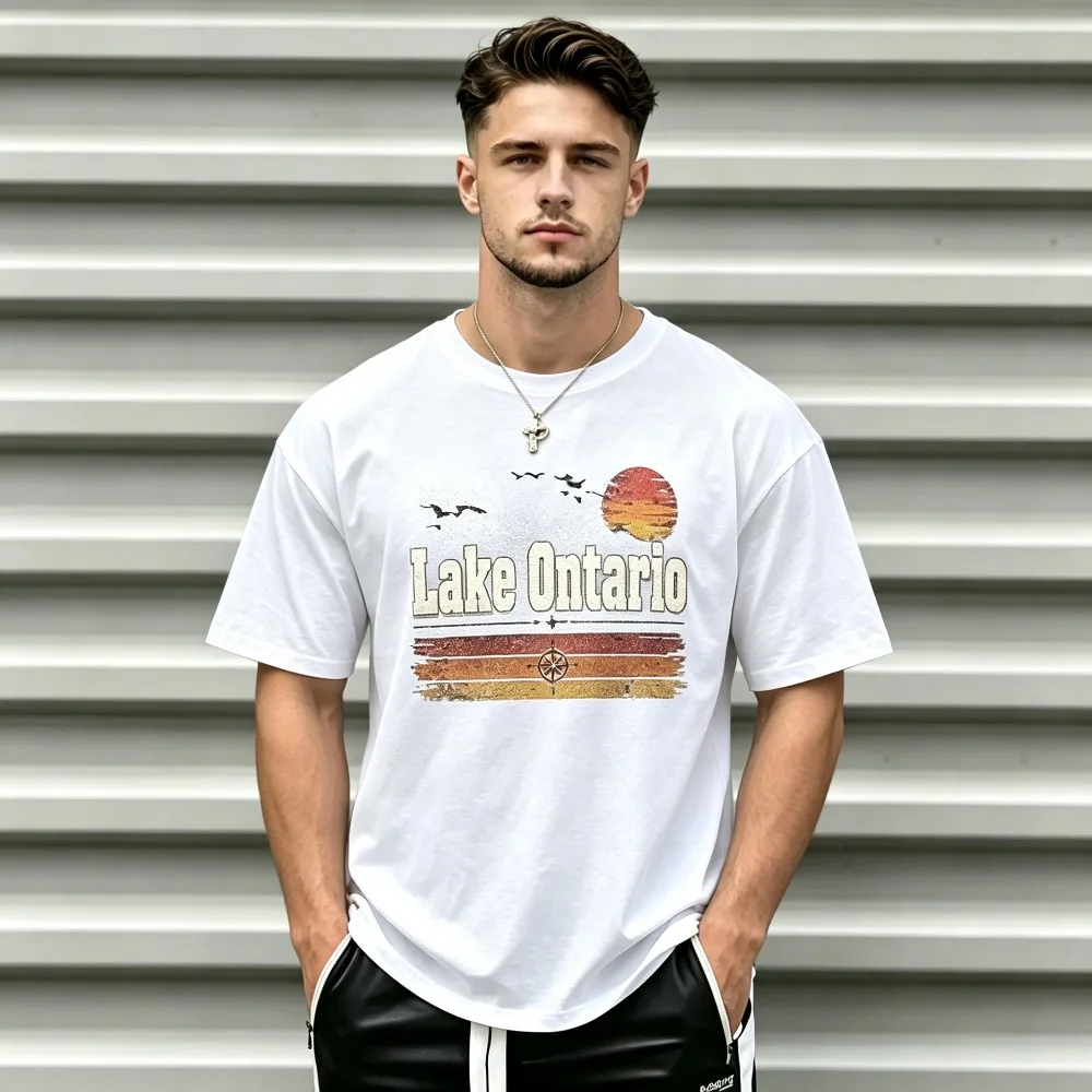 2026 New Outdoor Streetwear Unisex T-shirt, Vintage Lake Ontario Sunset Art Print, Short Sleeve Personality Casual Daily Top