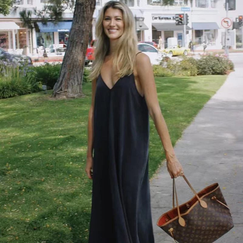 HXAO 2025 Womens Dresses Slip Long Dresses Elegant Green Red Black Dress V-Neck Sleeveless Backless Vestido Casual Women's Dress