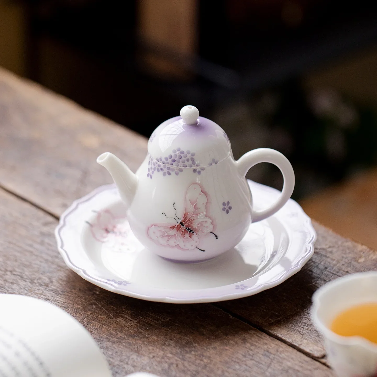 High Value Gradual Change Purple Pure Hand Painted Butterfly Ceramic Teapot Cover Bowl Teacup MasterCup KungFu TeaSet Pot Holder