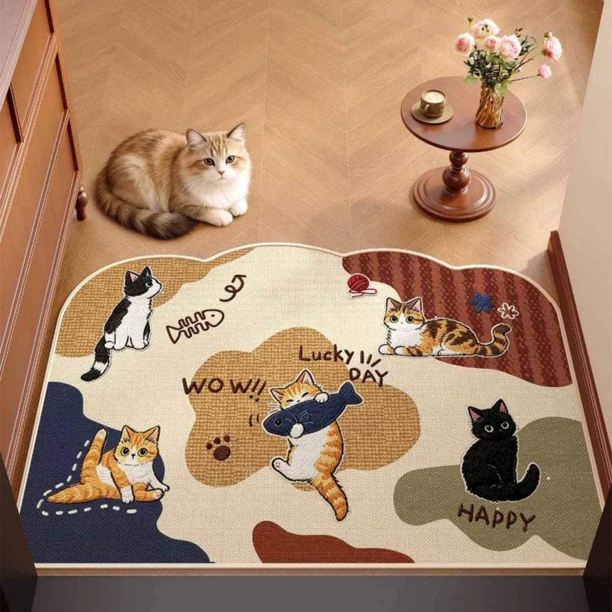 B14LYX Cute Kitten Graphic Indoor Rug Sweet Cartoon Print Irregular Contour Home Entryway Decor Mat