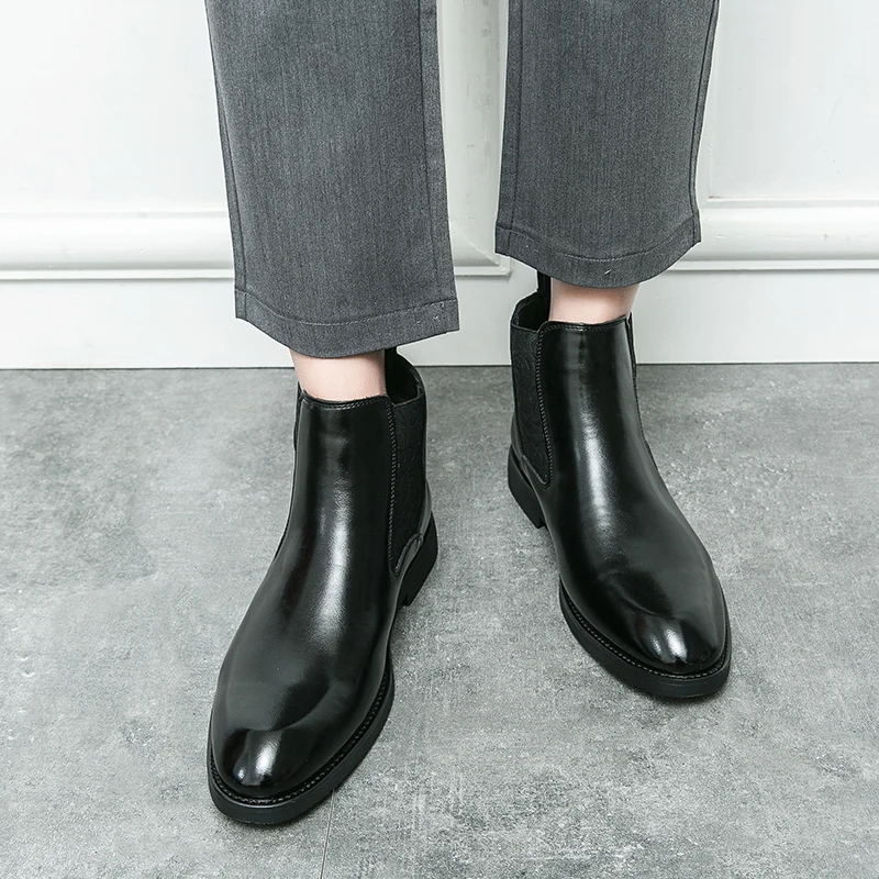 Youth Trend Chelsea Boots with Elastic Band and Carved Pattern To Increase Height Business British Office Formal Boots